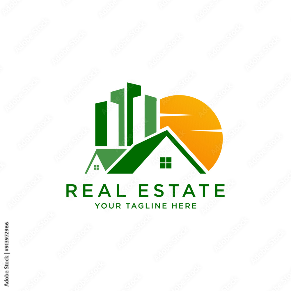 real estate vector logo design with home and sun shape real estate vector logo design with home and sun shape