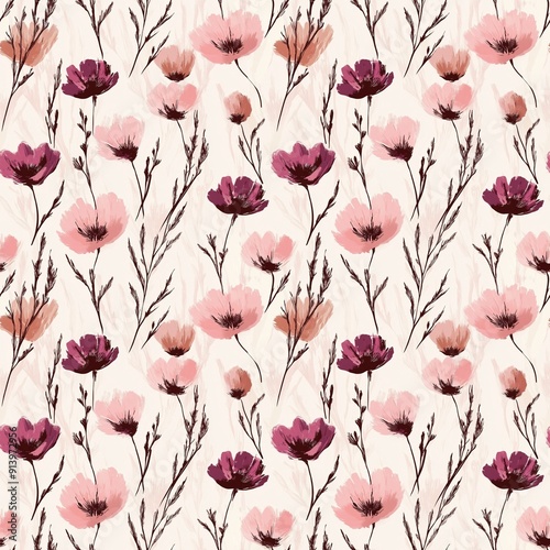 pink and burgundy wildflowers on a cream background, seamless pattern, delicate brush strokes, romantic floral motifs, elegant composition