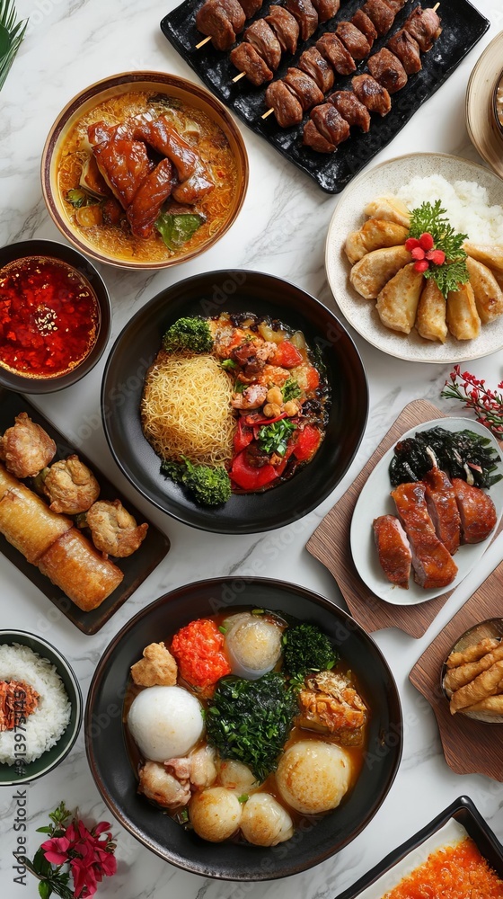 A festive Lunar New Year dinner with a modern spread of traditional dishes A festive Lunar New Year dinner with a modern spread of traditional dishes