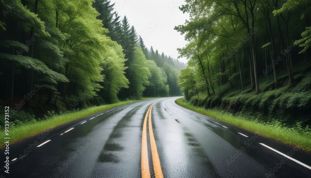 Obraz premium Rainy Road Through a Forest