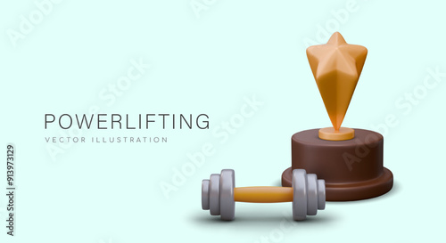 Concept of winning powerlifting competition. Realistic dumbbell, gold star