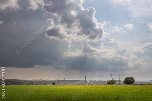 фотографія A field of grass with a cloudy sky in the background