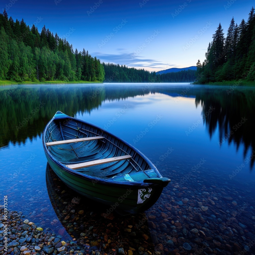 Obraz premium A serene canoe floats quietly on a tranquil lake surrounded by lush trees, reflecting the beauty of nature at dawn.