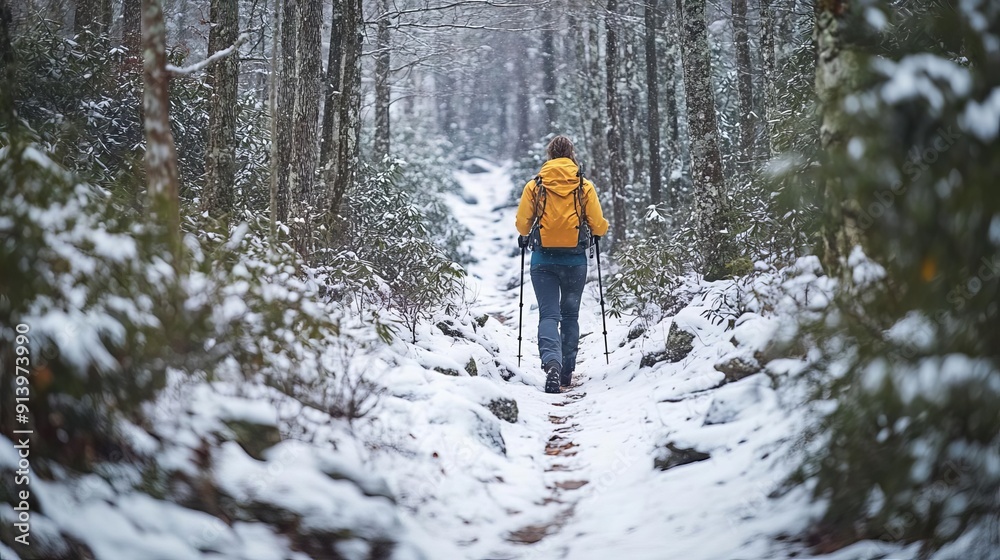 A solo adventurer hiking through the snowy trails of the Canadian Rockies, surrounded by pristine nature A solo adventurer hiking through the snowy trails of the Canadian Rockies, surrounded by pristine nature