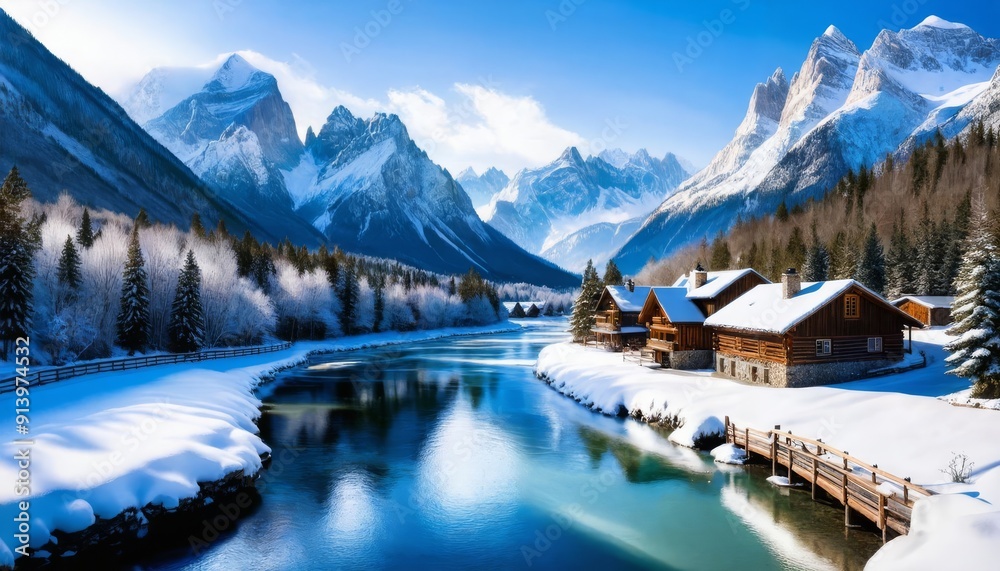 Snowy mountain village with wooden cabins and a river Snowy mountain village with wooden cabins and a river