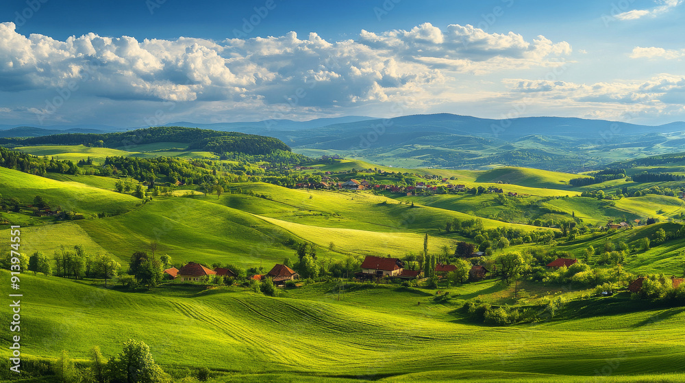A breathtaking view of Romania's countryside on a sunny afternoon. Lush green fields and rolling hills make up this stunning spring landscape.