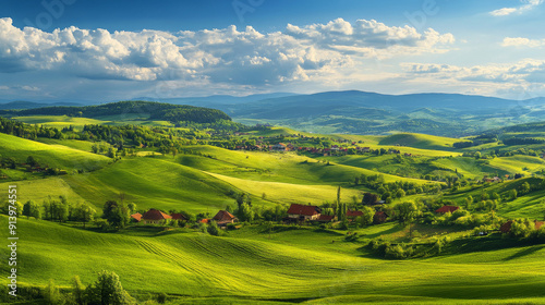 A breathtaking view of Romania's countryside on a sunny afternoon. Lush green fields and rolling hills make up this stunning spring landscape.