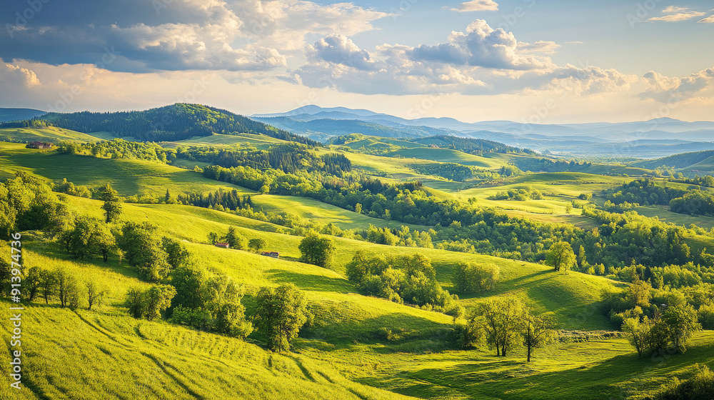 A breathtaking view of Romania's countryside on a sunny afternoon. Lush green fields and rolling hills make up this stunning spring landscape.