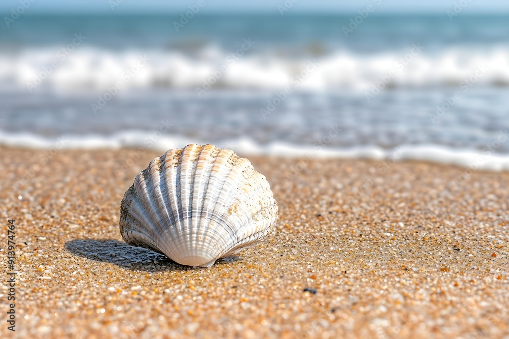 Scallop shell on the beach on sunny day