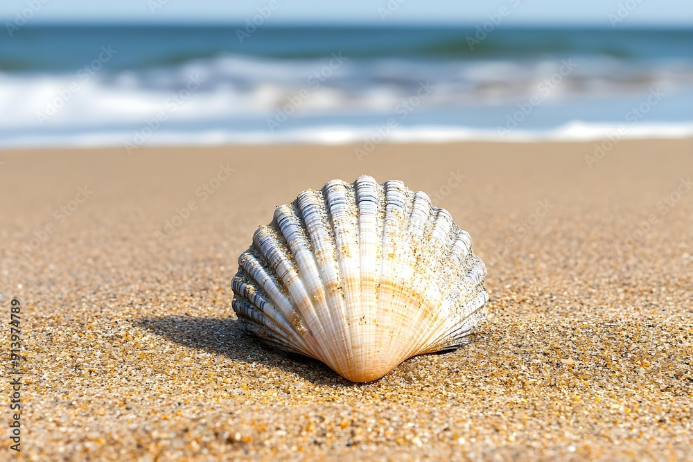 Scallop shell on the beach on sunny day Scallop shell on the beach on sunny day