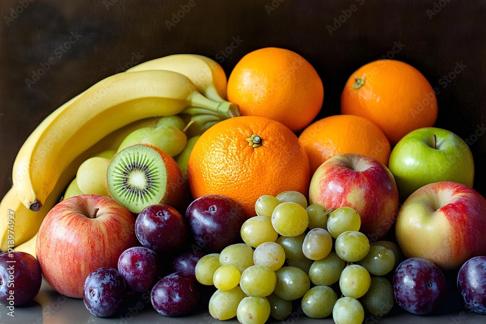 Selection of fruits: apples, bananas, grapes, oranges, kiwis and plums Selection of fruits: apples, bananas, grapes, oranges, kiwis and plums