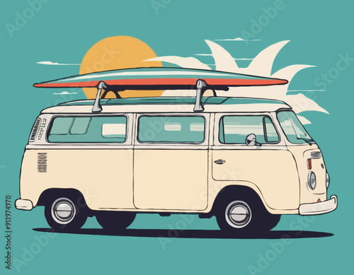 Vintage summer surf poster with a mini van vector illustration
