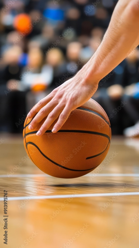 Naklejka premium A closeup of a basketball players hands dribbling a ball on a wooden court, with blurred background showing the audience and other players