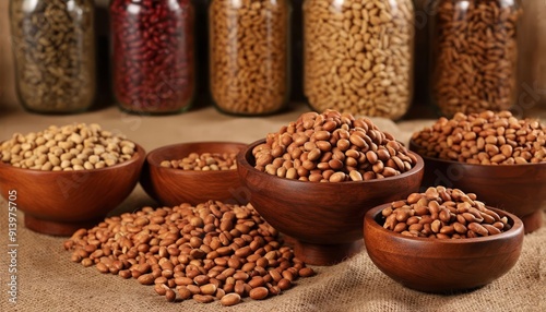 Variety of nuts in wooden bowls, close-up, with different types and textures, emphasizing healthy food choices