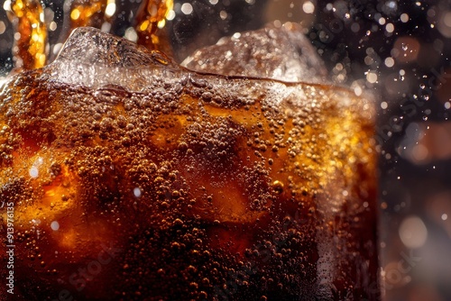 Pouring of Cola and Ice. Cola soda and ice splashing fizzing or floating up to top of surface. with generative ai photo