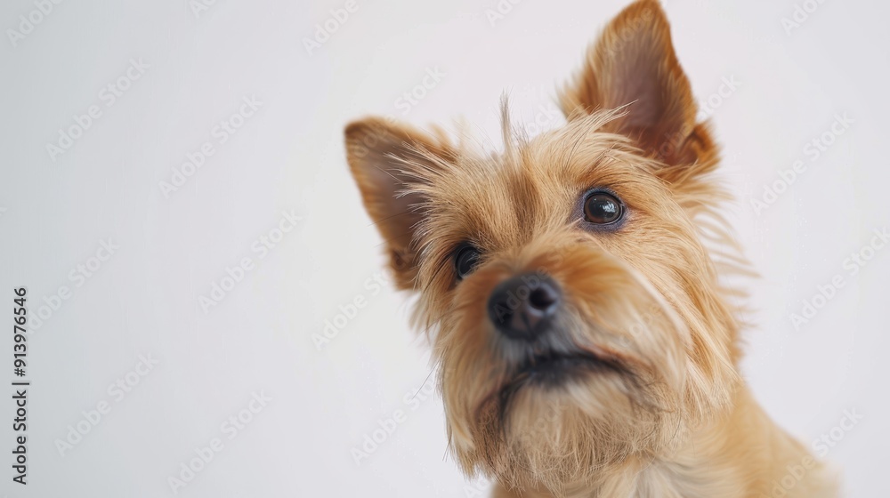Curious yorkie with a friendly nature and a brown coat tilts its head cutely against a white backdrop Curious yorkie with a friendly nature and a brown coat tilts its head cutely against a white backdrop