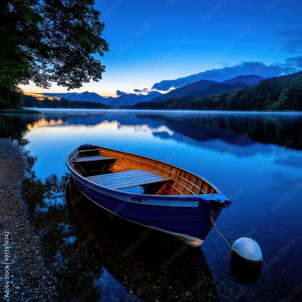 A serene twilight scene featuring a blue boat anchored by the shore, surrounded by tranquil waters and mountains. A serene twilight scene featuring a blue boat anchored by the shore, surrounded by tranquil waters and mountains.