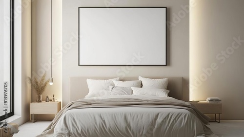 A minimalist bedroom with a blank canvas hanging above the bed, neutral tones, and soft lighting