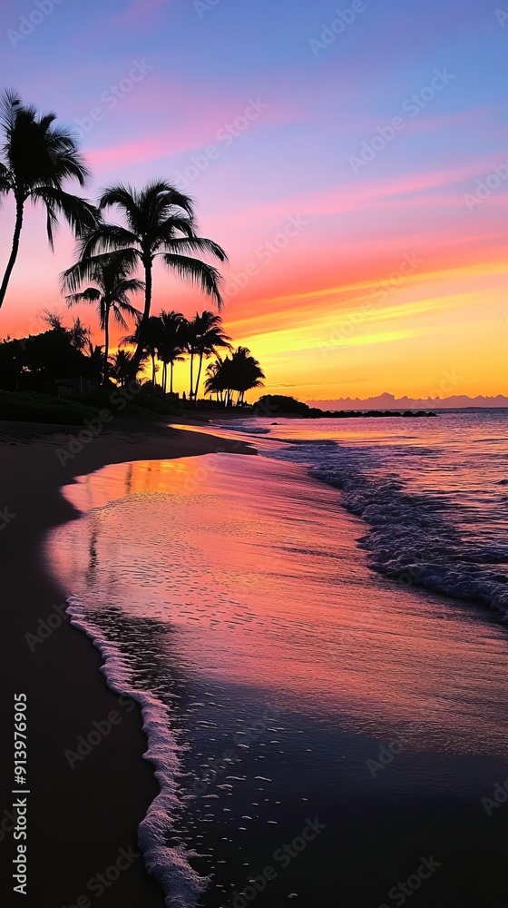 Fototapeta premium A serene beach at sunset with gentle waves, silhouetted palm trees, and vibrant colors in the sky