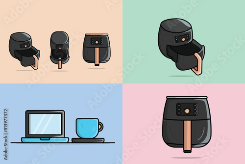 Set of Kitchen Air Fryer vector illustration. Kitchen interior working tool icon concept. Modern kitchen air fryer side with up and front view vector design with shadow isolated on orange background.