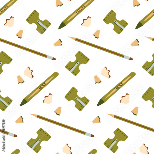 Seamless Background with Pencils, Sharpeners, and Shavings for Office and School Supplies