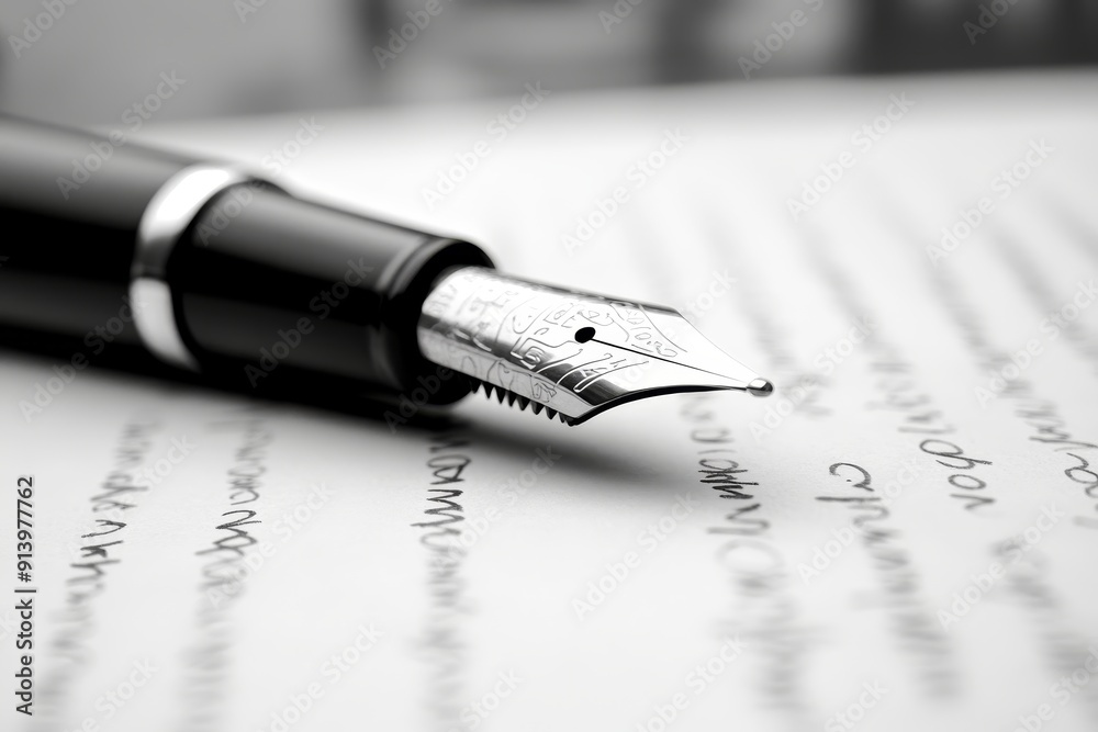 A black and white photo of an ink pen resting on top of written paper, symbolizing the act of writing or signing document.