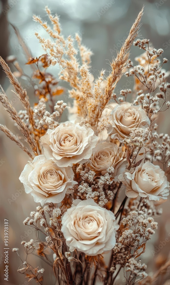 Elegant Beige Roses and Dried Grasses in Warm Autumn Tones Elegant Beige Roses and Dried Grasses in Warm Autumn Tones