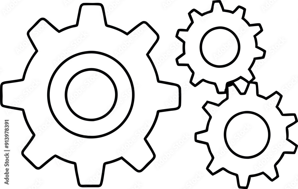 Black and White Outline of Interlocking Gears Black and White Outline of Interlocking Gears
