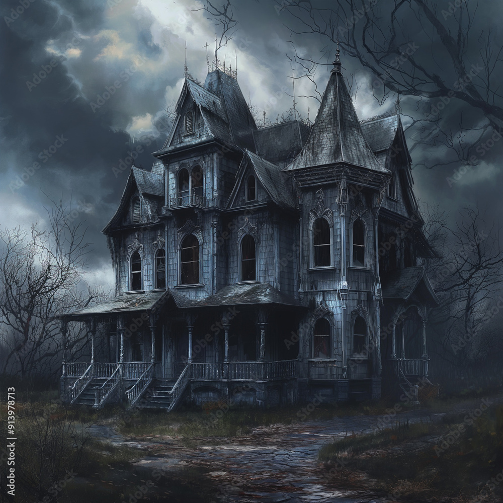 haunted house in the woods in night 