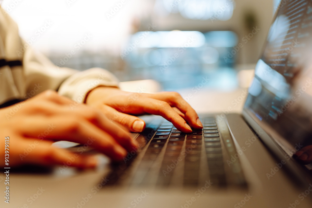 Close-up of hands working on a laptop keyboard. Cyber security. Business, Freelance, Shopping, education. Online. Close-up of hands working on a laptop keyboard. Cyber security. Business, Freelance, Shopping, education. Online.