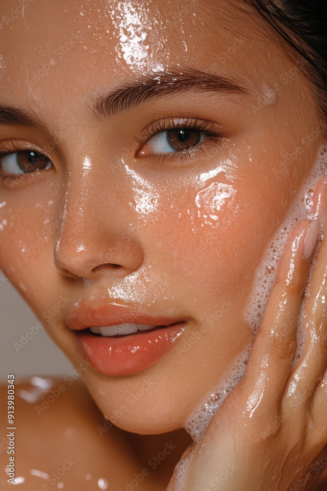 A beautiful Asian girl with clean skin, her face covered in soap bubbles. The close-up shot emphasizes her clear complexion and the freshness of her skin, capturing a moment of skincare routine. A beautiful Asian girl with clean skin, her face covered in soap bubbles. The close-up shot emphasizes her clear complexion and the freshness of her skin, capturing a moment of skincare routine.