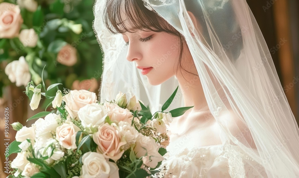 Naklejka premium Elegant Bride With Pastel Roses and Greenery in Natural Light