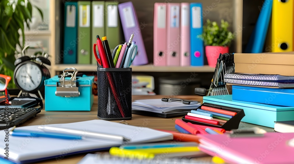 Discounted Office Supplies on Cluttered Desk Showcasing Black Friday Sale