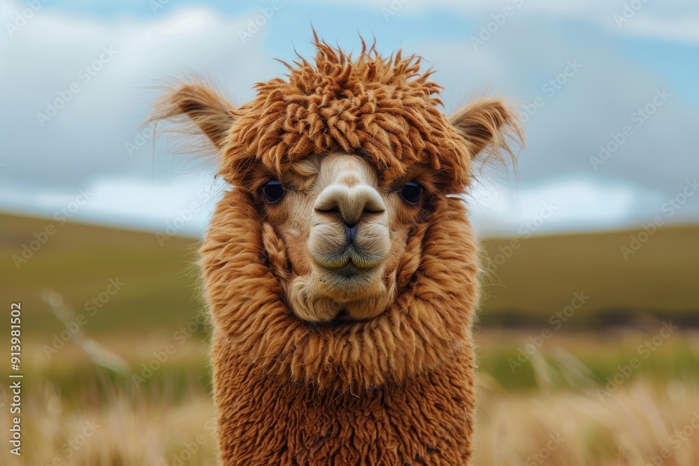 Obraz premium An adorable alpaca with a big grin and a soft, fluffy coat, exuding pure joy.