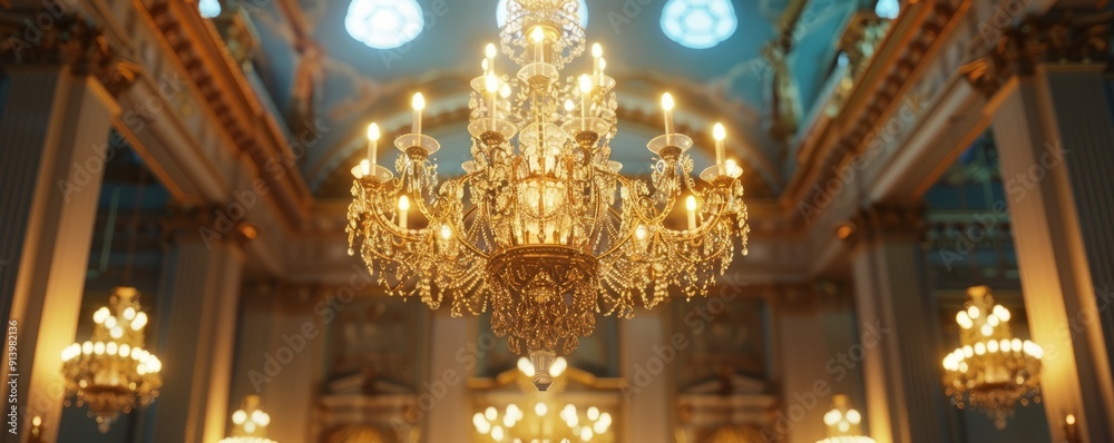 Elegant chandelier in a grand hall, 4K hyperrealistic photo Elegant chandelier in a grand hall, 4K hyperrealistic photo