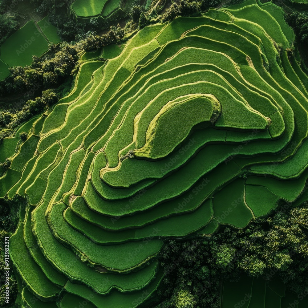 Fototapeta premium Breathtaking Aerial View of Vast Rice Paddy Fields: 4K Anime-Inspired Wallpaper. Lush Green Spring Landscape for Creative Marketing, Agricultural Packaging, and Atmospheric Illustrations in Vibrant An