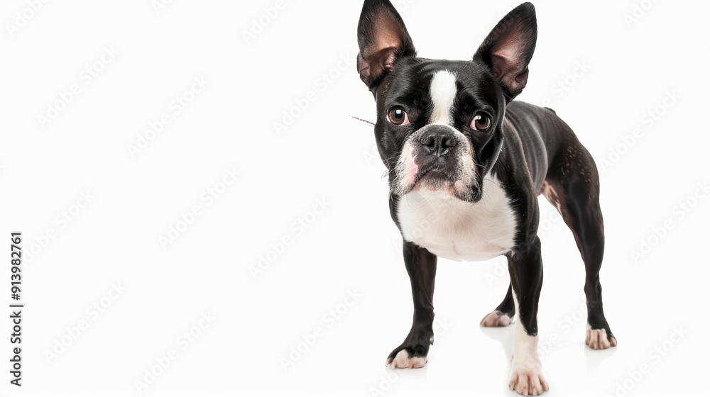 Curious boston terrier on white background, with brown eyes and short coat, looking at camera. Cute and attentive dog perfect for pet projects Curious boston terrier on white background, with brown eyes and short coat, looking at camera. Cute and attentive dog perfect for pet projects