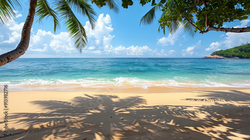 A beautiful beach with palm trees and a clear blue ocean