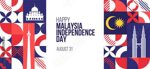 Happy Independence Day Malaysia Banner. August 31 Malaysian independence day or Merdeka day greeting card design. Modern pattern, poster template. Vector Illustration.