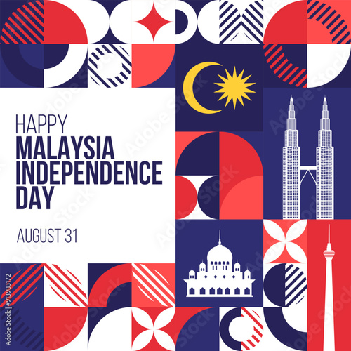 Happy Independence Day Malaysia Banner. August 31 Malaysian independence day or Merdeka day greeting card design. Modern pattern, poster template. Vector Illustration.