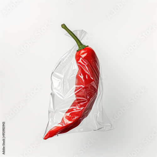 Red Peppers Packaged in Plastic Bag - Isolated on White Background for Fresh Produce and Grocery Store Display photo