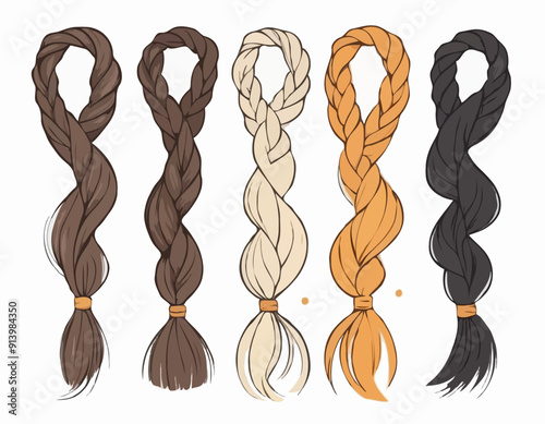 Hair braid. Long female fashion plait. Vector illustration of human hair in natural color. Cartoon art illustration with ribbon isolated on white background 
