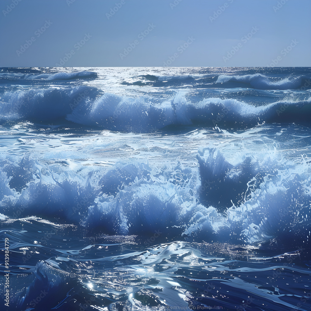 Fototapeta premium Mesmerizing Ocean Waves Rolling Towards the Shore with Sunlight Reflection and Frothy White Foam - A Tranquil yet Powerful Scene