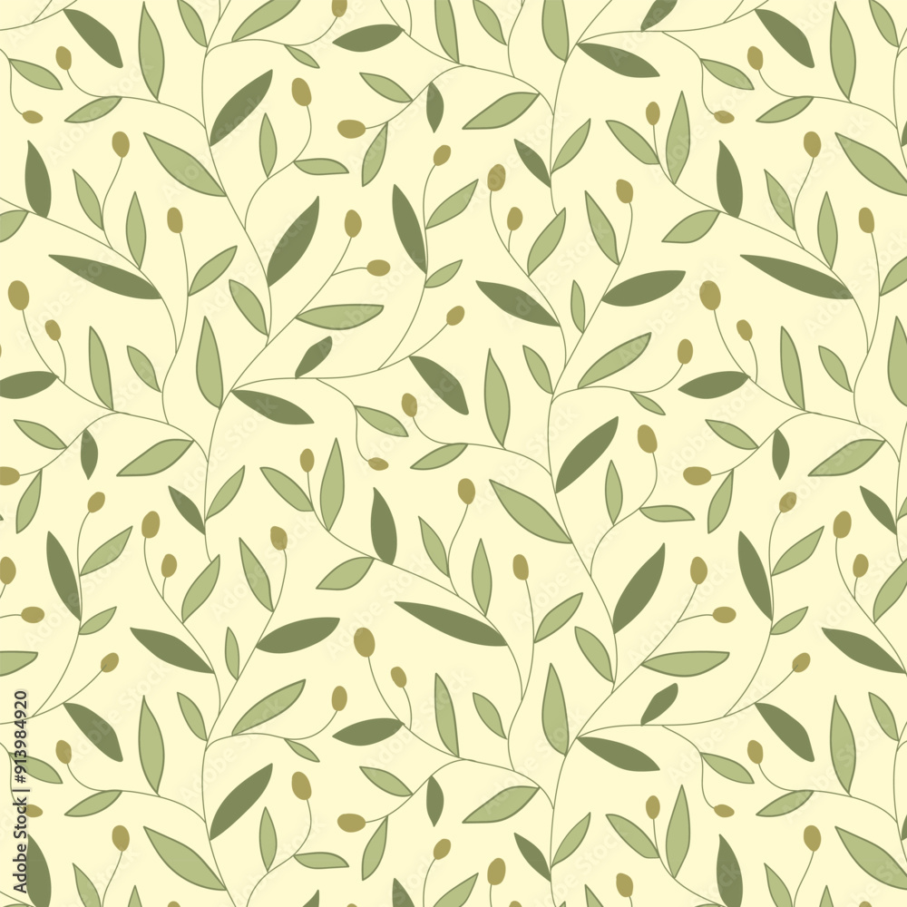 Endless pattern of olive branches with leaves and berries on soft yellow background. Hand drawn organic nature print. Endless pattern of olive branches with leaves and berries on soft yellow background. Hand drawn organic nature print.