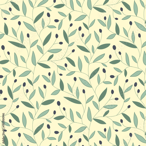 Repeat pattern of ripe olive branches with leaves and black berries on soft yellow background. Hand drawn organic harvest print.