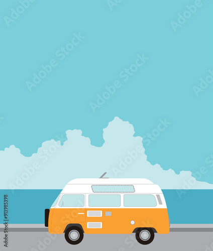 Illustration of a yellow camper van, a minibus driving on a road with the sea as a background, with the concept of travel, trip, camping, adventure and vacation.