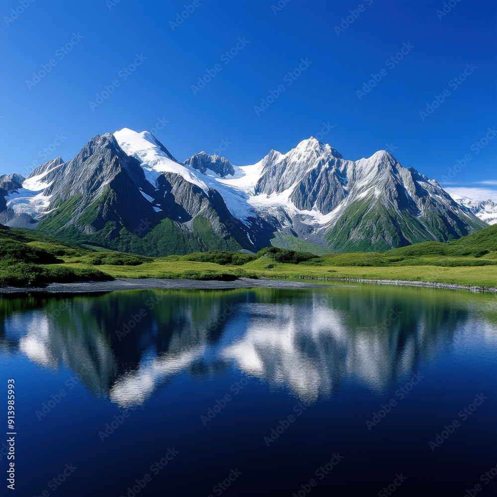 Breathtaking view of snow-capped mountains reflected in a serene lake under a clear blue sky, perfect for nature lovers. Breathtaking view of snow-capped mountains reflected in a serene lake under a clear blue sky, perfect for nature lovers.