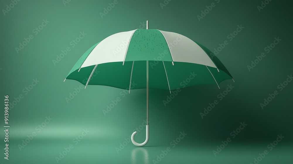 Green and white umbrella for rain with realistic look and shadows. Traditional accessory for rainy days. Illustration for weather-related websites and apps. Green and white umbrella for rain with realistic look and shadows. Traditional accessory for rainy days. Illustration for weather-related websites and apps.