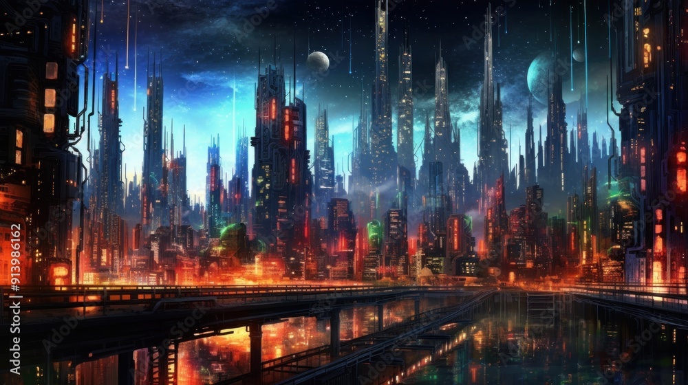 Fototapeta premium Futuristic Cityscape Under a Starry Sky