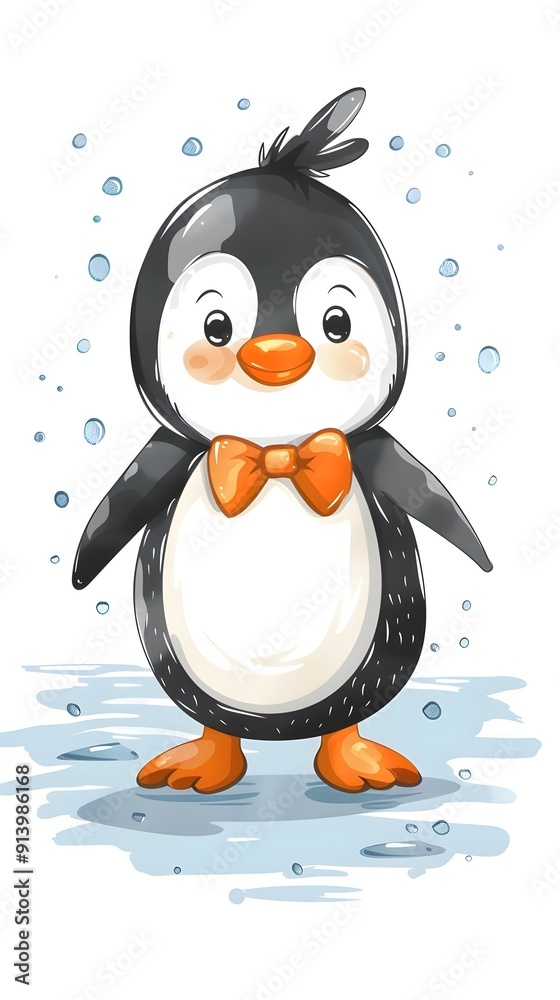 Obraz premium Charming Cartoon Penguin in Bow Tie Standing on Ice with Cheerful Expression
